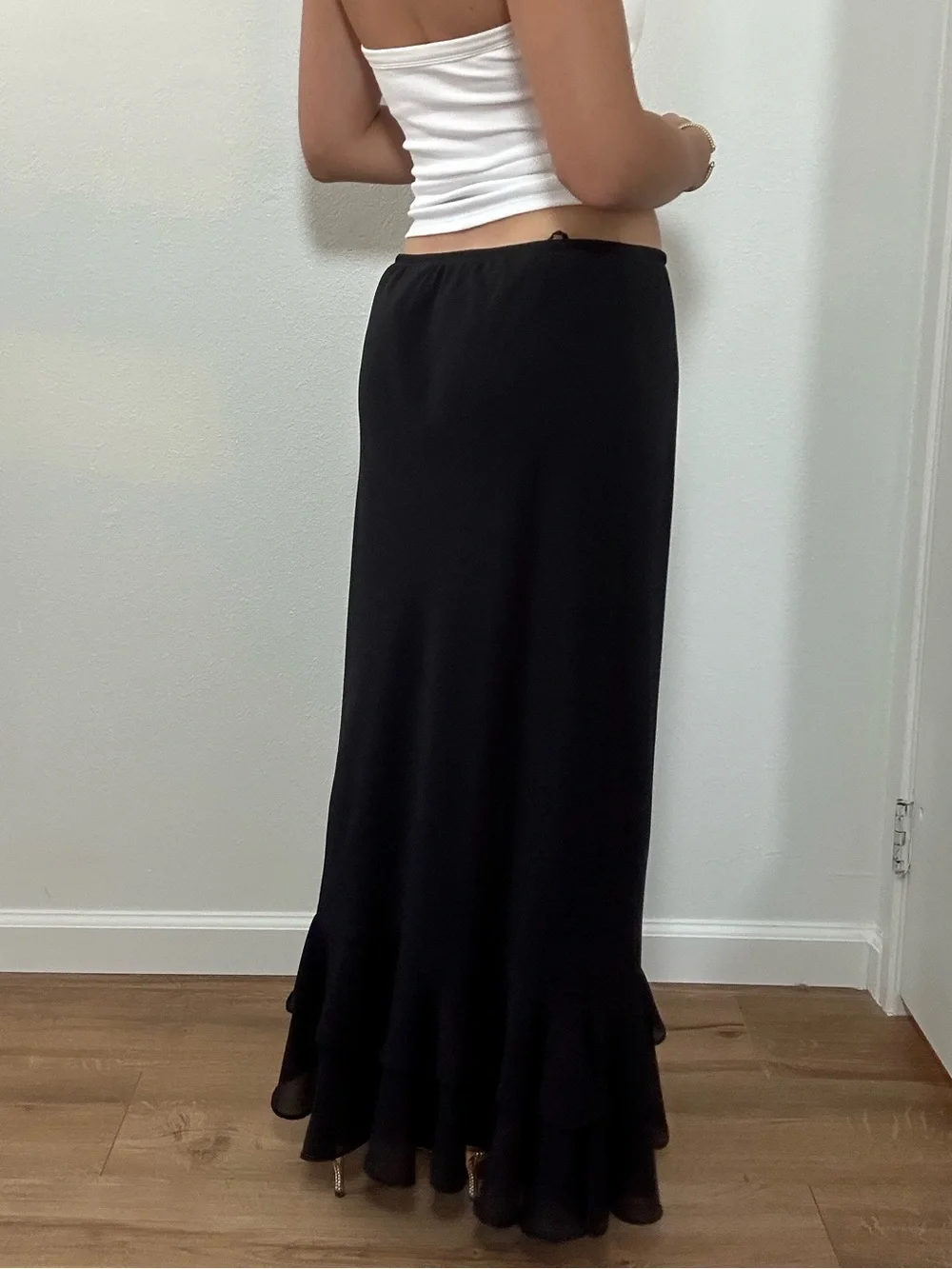 Vintage Dressbarn Y2K Black Ruffle-Hem Maxi Skirt Rosette Chiffon Size L - Picture 5 of 12